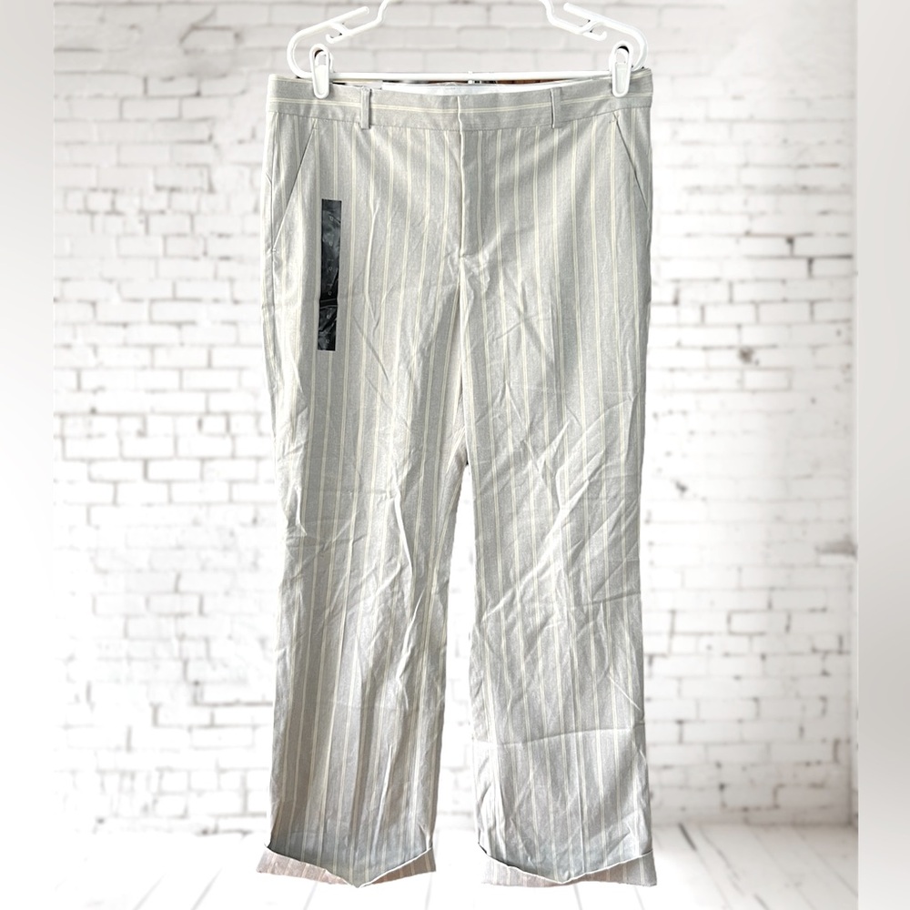 Banana Republic Logan Trouser. Grey w/yellow & white pin striping. Size 12. NWT